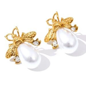 Elegant Gold Bee Earrings with Imitation Pearl Drop